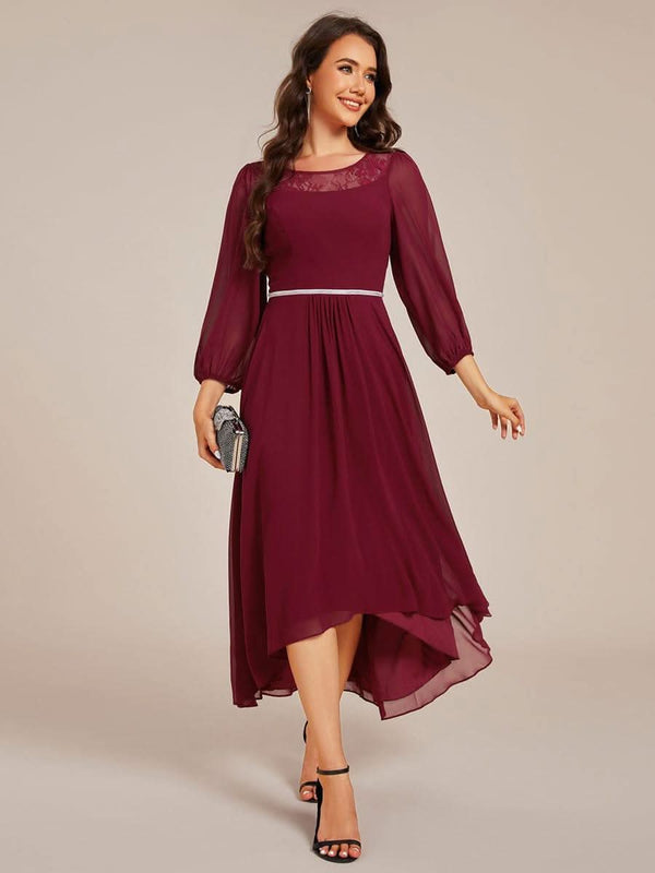 ever AMYRA|Long Sleeve Waist Chain Round Neckline Midi Chiffon Wedding Guest Dress