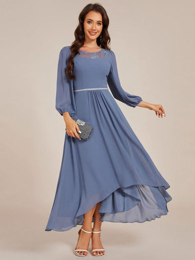 Long Sleeve Waist Chain Round Neckline Midi Chiffon Wedding Guest Dress #color_Dusty Blue