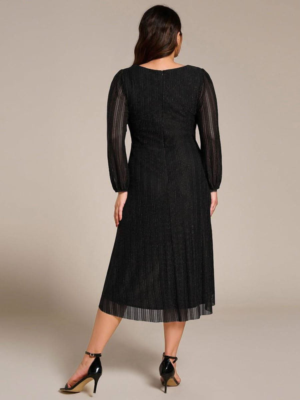 pretty BRISTOL|Plus Size Pleated Long Sleeve V-Neck Midi Glitter Wedding Guest Dress