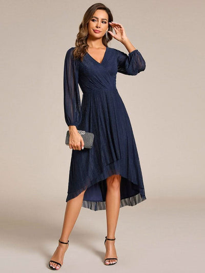 Glitter Long Sleeve V-Neck A-Line Midi Wedding Guest Dress #color_Navy Blue