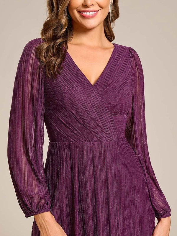 ever BRISTOL|Glitter Long Sleeve V-Neck A-Line Midi Wedding Guest Dress