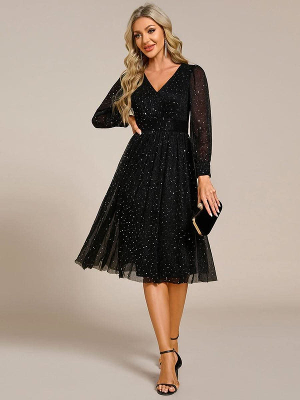ever KARLEN|Glitter Midi Wedding Guest Dress with Long Sleeves