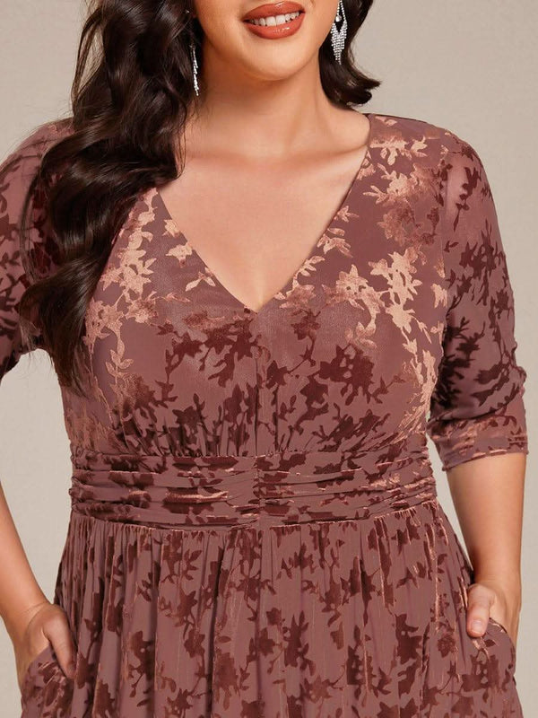 ever NYRA|Floral Velvet 3/4 Sleeve V-Neck Pleated Wedding Guest Dress
