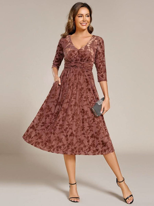 ever NYRA|Floral Velvet 3/4 Sleeve V-Neck Pleated Wedding Guest Dress