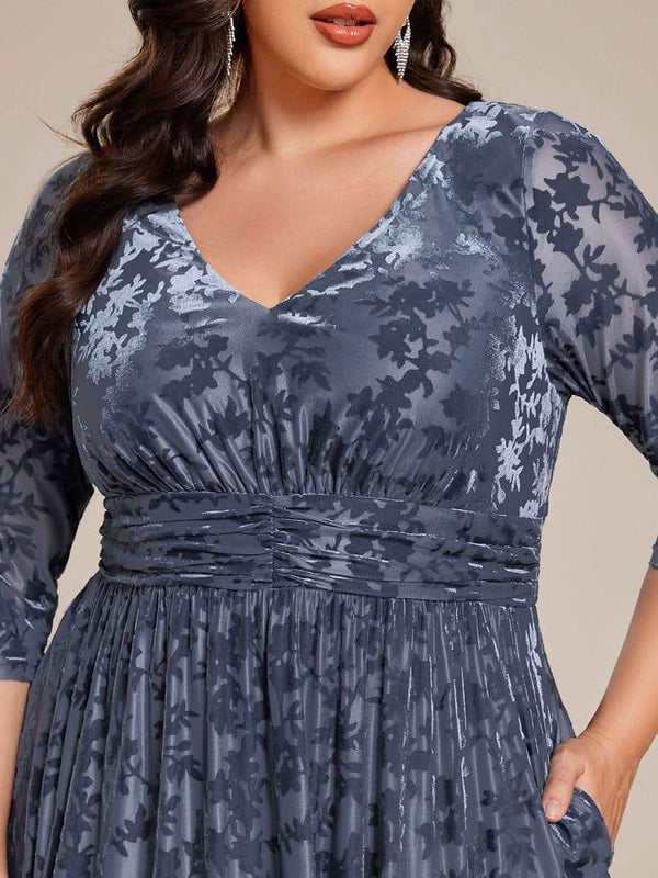 ever NYRA|Floral Velvet 3/4 Sleeve V-Neck Pleated Wedding Guest Dress