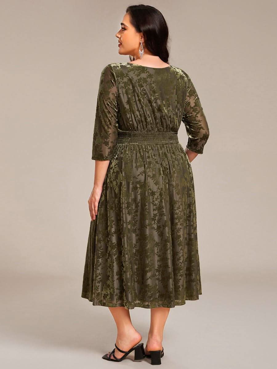 Floral Velvet 3/4 Sleeve V-Neck Pleated Wedding Guest Dress #color_Olive Green