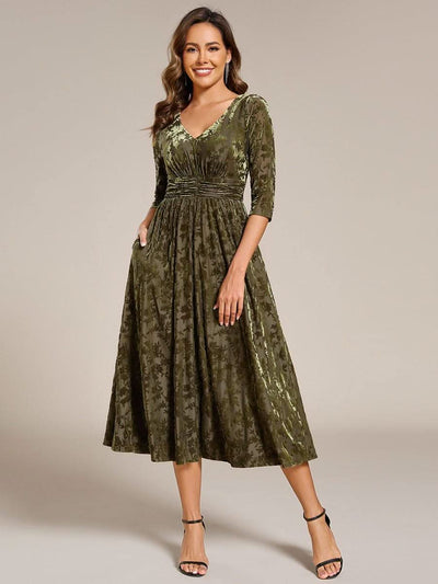 Floral Velvet 3/4 Sleeve V-Neck Pleated Wedding Guest Dress #color_Olive Green