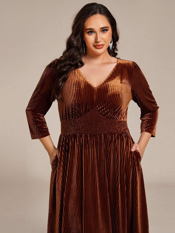 pretty ARLET|Plus Size Elegant Pleated Velvet Stretchy Tea Length Wedding Guest Dress