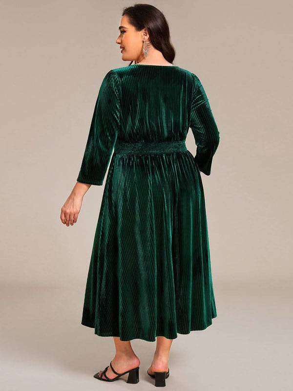 pretty ARLET|Plus Size Elegant Pleated Velvet Stretchy Tea Length Wedding Guest Dress