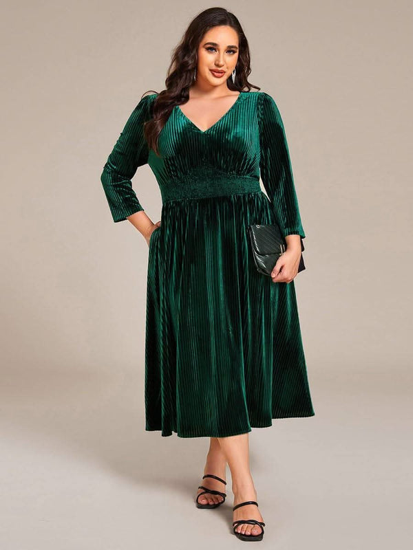 pretty ARLET|Plus Size Elegant Pleated Velvet Stretchy Tea Length Wedding Guest Dress