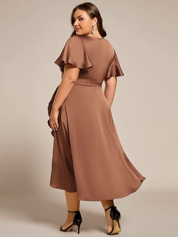 pretty SAIGE|Plus Size V-Neck Satin Midi Wedding Guest Dress with Ruffled Skirt