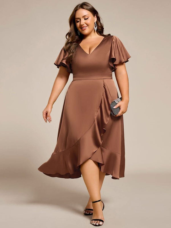 pretty SAIGE|Plus Size V-Neck Satin Midi Wedding Guest Dress with Ruffled Skirt