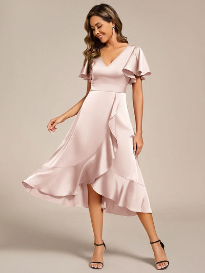 V-Neck Satin Midi Wedding Guest Dress with Ruffled Skirt #color_Pink