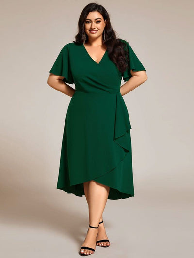 Plus Size High-Stretch V-neck Midi Wedding Guest Dress #color_Dark Green