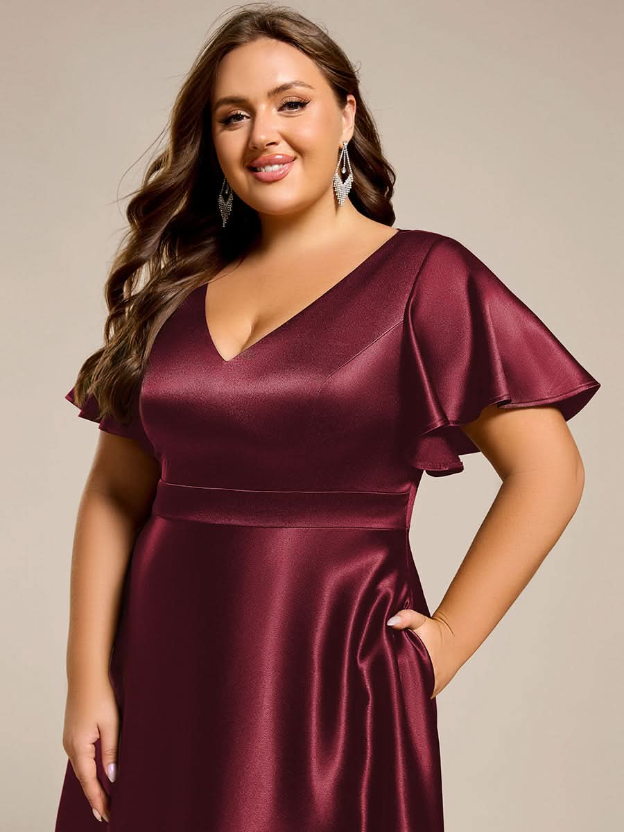 V-neck High-Low Satin Wedding Guest Dress with Pockets #color_Burgundy