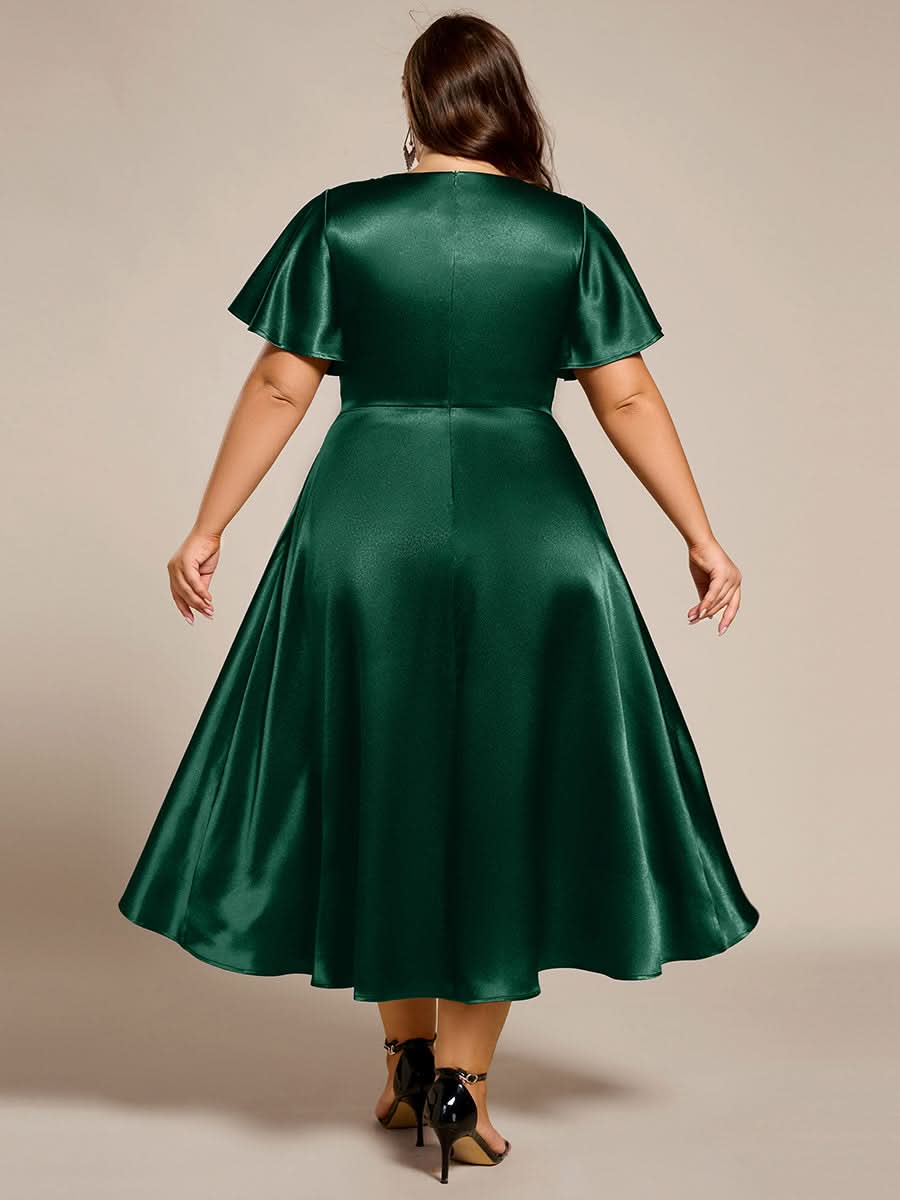 V-neck High-Low Satin Wedding Guest Dress with Pockets #color_Dark Green