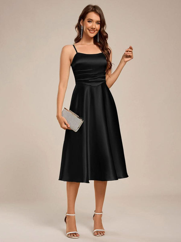 ever SHILOH|Spaghetti Strap Pleated A-Line Midi Satin Wedding Guest Dress