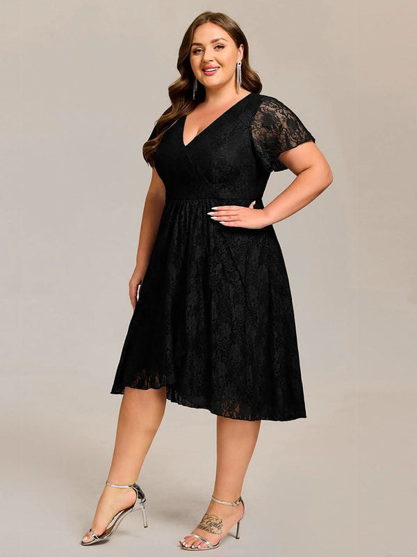 ever PALOMA|Ruffled Short Sleeves V-Neck A-Line Midi Wedding Guest Dress