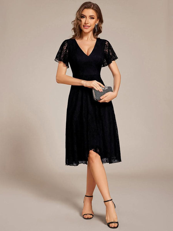 ever PALOMA|Ruffled Short Sleeves V-Neck A-Line Midi Wedding Guest Dress