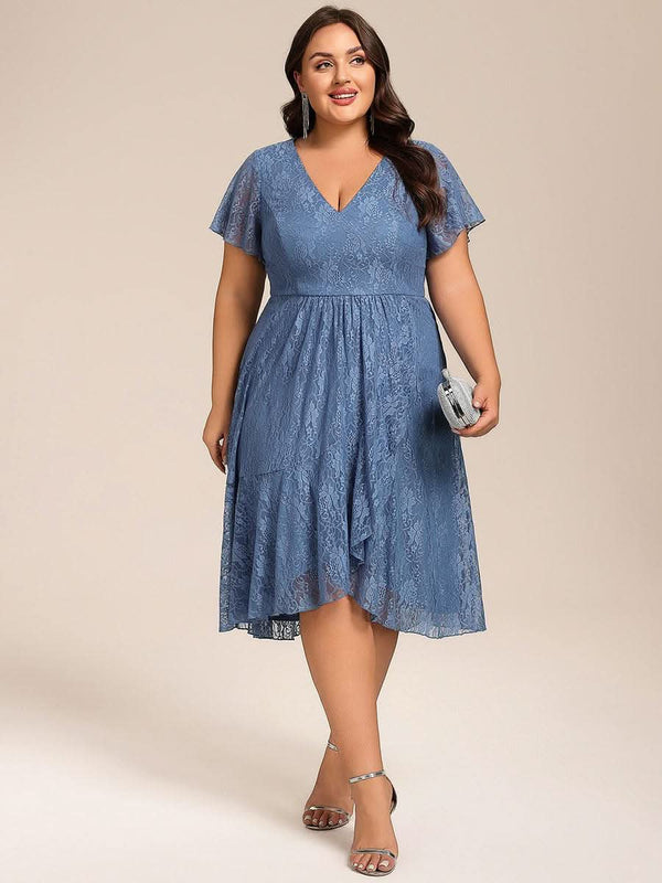 ever PALOMA|Ruffled Short Sleeves V-Neck A-Line Midi Wedding Guest Dress