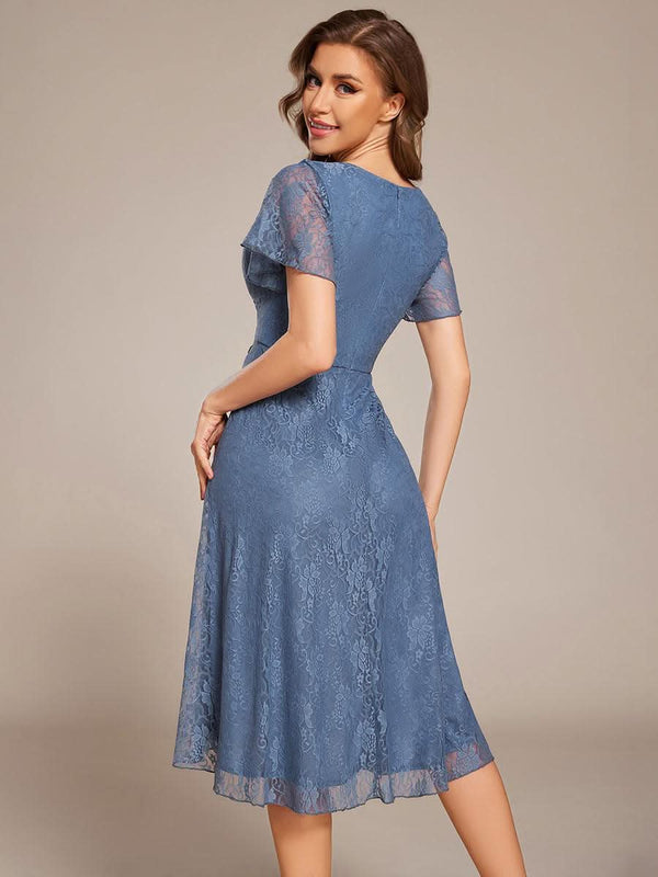 ever PALOMA|Ruffled Short Sleeves V-Neck A-Line Midi Wedding Guest Dress