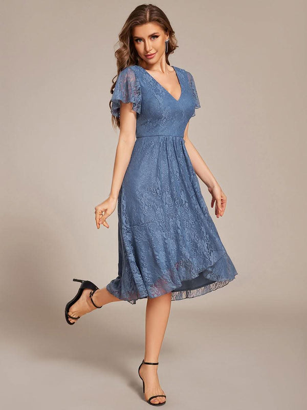 ever PALOMA|Ruffled Short Sleeves V-Neck A-Line Midi Wedding Guest Dress