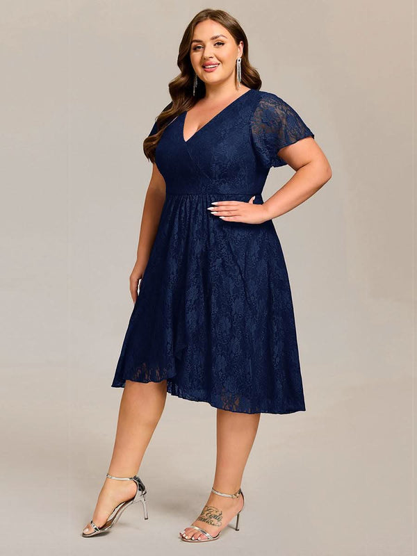 pretty PALOMA|Plus Size Short Sleeves V-Neck A-Line Lace Midi Wedding Guest Dress