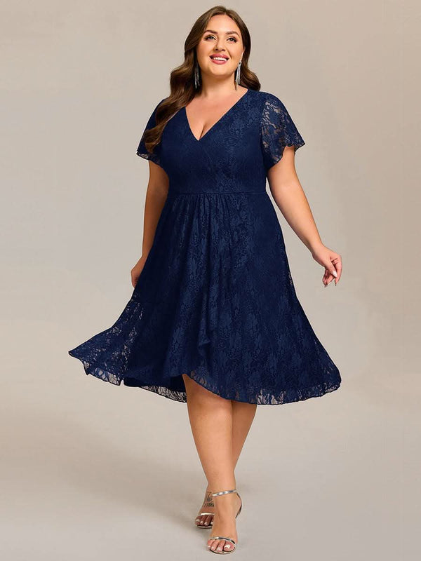 ever PALOMA|Ruffled Short Sleeves V-Neck A-Line Midi Wedding Guest Dress