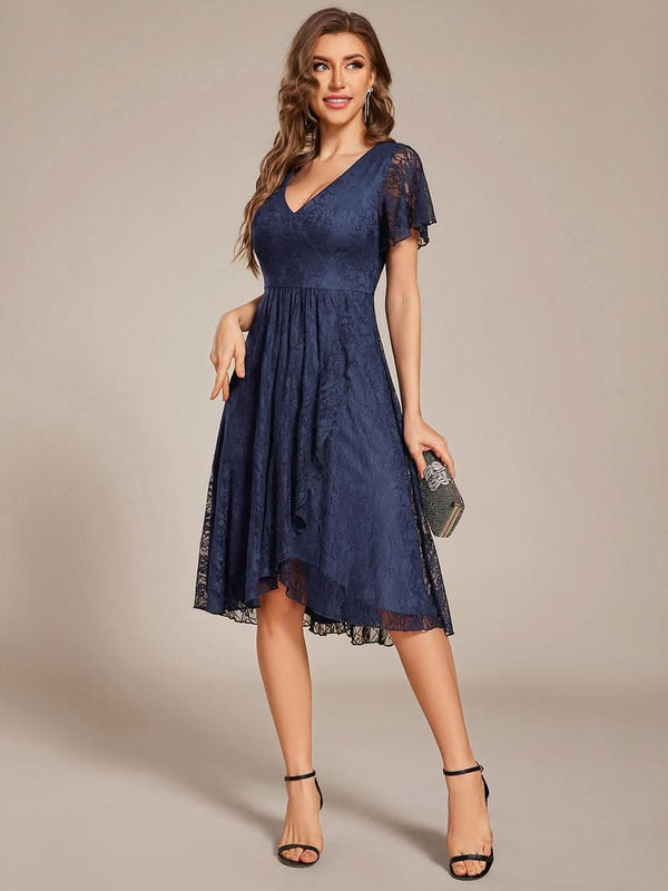 ever PALOMA|Ruffled Short Sleeves V-Neck A-Line Midi Wedding Guest Dress