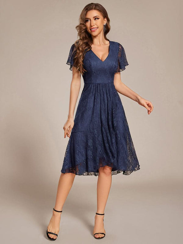 ever PALOMA|Ruffled Short Sleeves V-Neck A-Line Midi Wedding Guest Dress