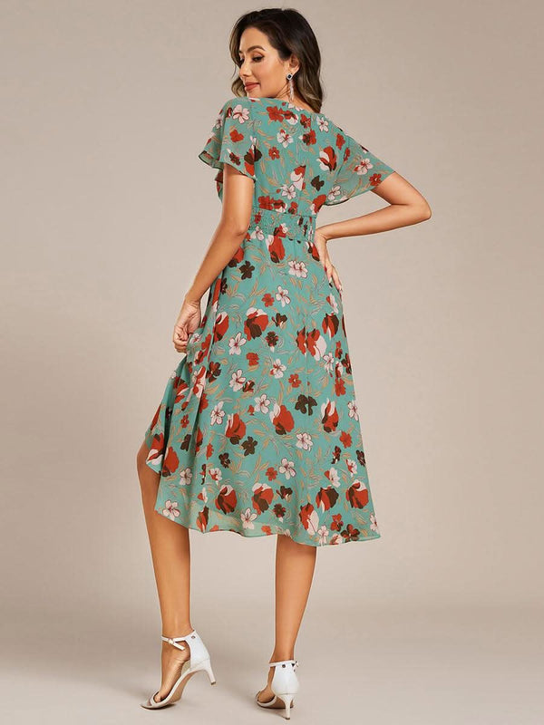 ever CATALEYA|Short Sleeve Ruffled V-Neck Floral Printed Midi Wedding Guest Dress
