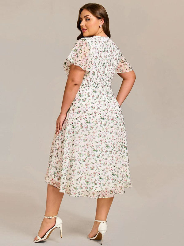 ever CATALEYA|Short Sleeve Ruffled V-Neck Floral Printed Midi Wedding Guest Dress