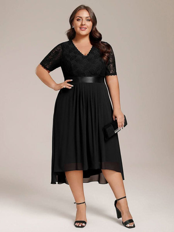 pretty JOLEN|Plus Size Half Sleeve Lace Pleated V-Neck Midi Wedding Guest Dress