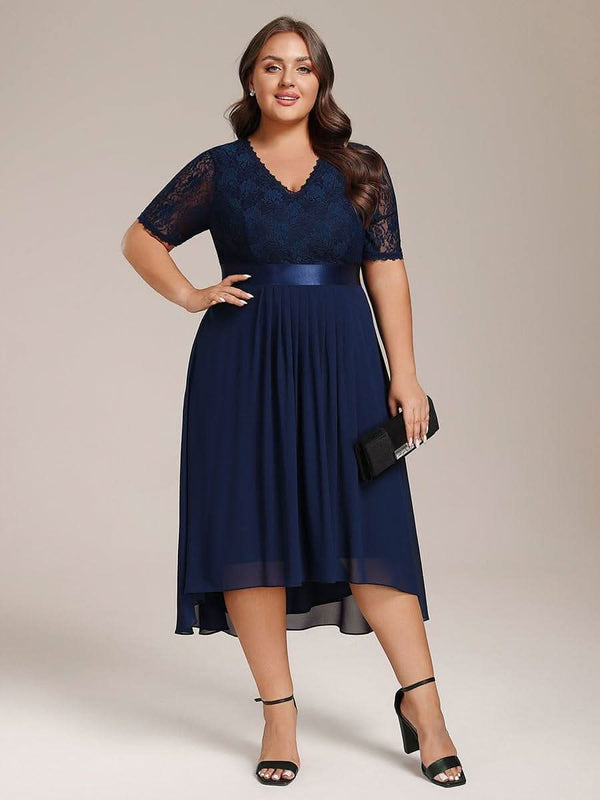 pretty JOLEN|Plus Size Half Sleeve Lace Pleated V-Neck Midi Wedding Guest Dress