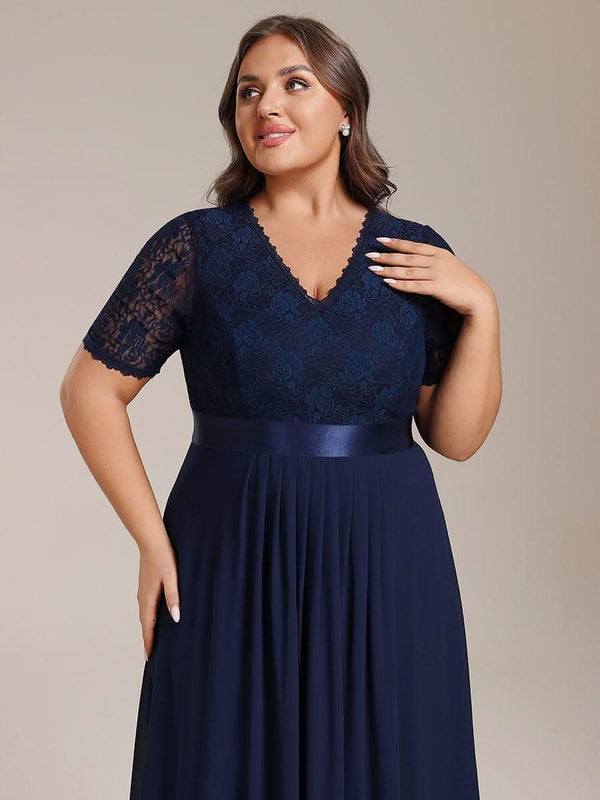 pretty JOLEN|Plus Size Half Sleeve Lace Pleated V-Neck Midi Wedding Guest Dress