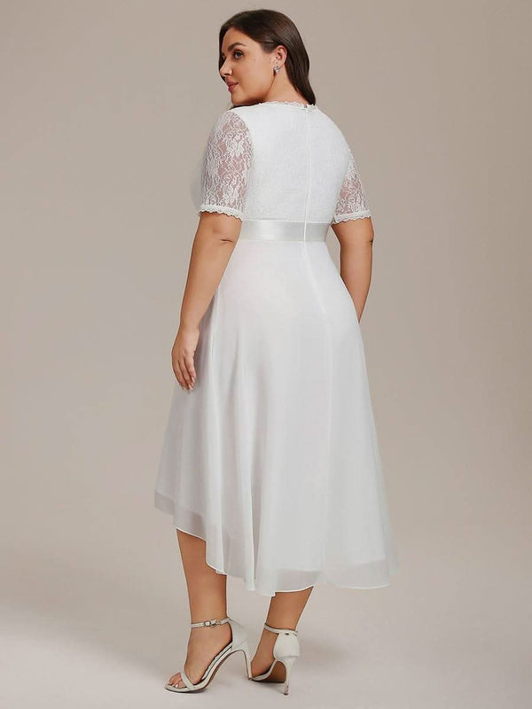 pretty JOLEN|Plus Size Half Sleeve Lace Pleated V-Neck Midi Wedding Guest Dress