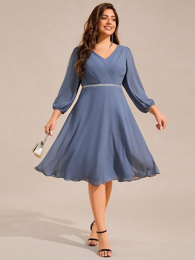 Plus Size Long Sleeve Midi A-Line Wedding Guest Dress with Waist Chain  #color_Dusty Blue