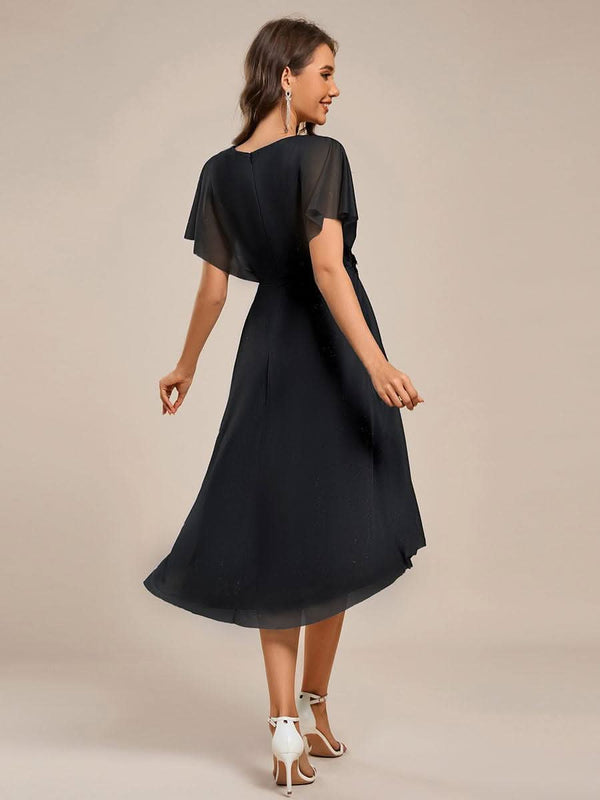ever DANNA|Short Sleeve V-Neck Asymmetrical Midi Wedding Guest Dresses