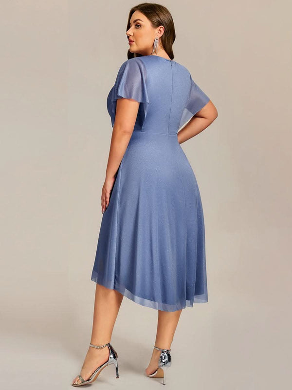 ever DANNA|Short Sleeve V-Neck Asymmetrical Midi Wedding Guest Dresses