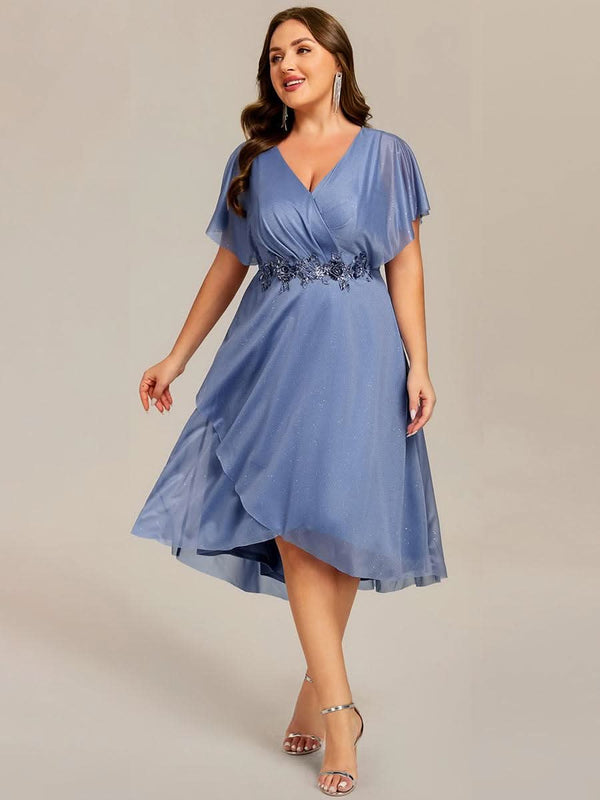 pretty DANNA|Plus Size Short Sleeve Asymmetrical Hem V-Neck Applique Wedding Guest Dresses