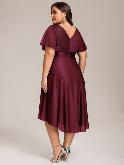Plus Size Glitter Short Sleeve V-Neck Pleated Midi Wedding Guest Dress #color_Burgundy