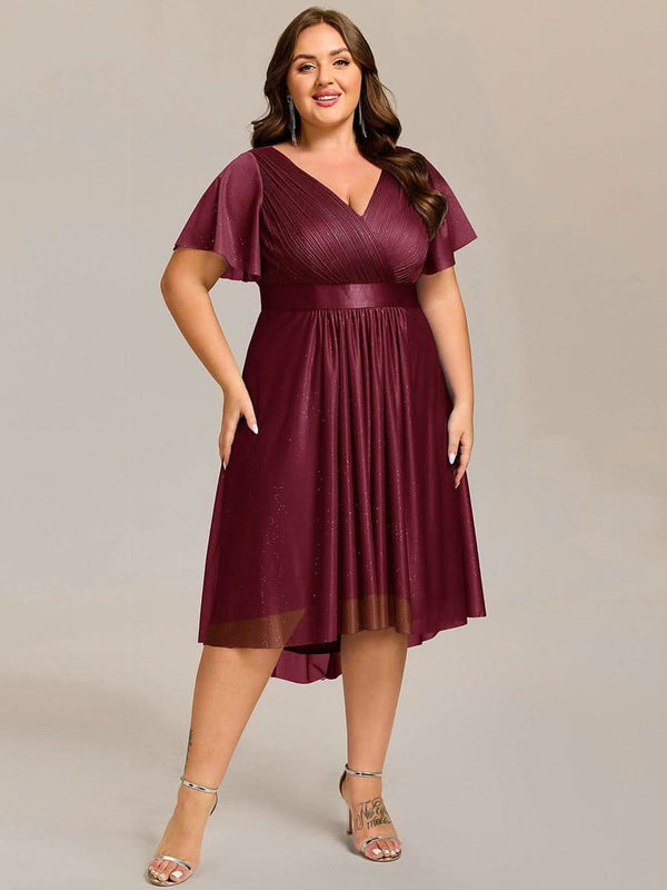 ever SOL|Short Sleeve V-Neck Pleated Glitter Midi Wedding Guest Dress