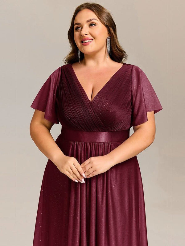 ever SOL|Short Sleeve V-Neck Pleated Glitter Midi Wedding Guest Dress