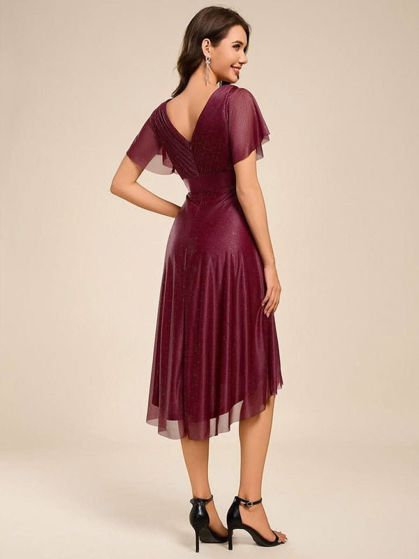 ever SOL|Short Sleeve V-Neck Pleated Glitter Midi Wedding Guest Dress