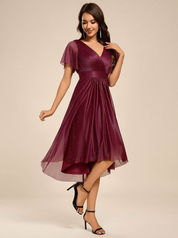 ever SOL|Short Sleeve V-Neck Pleated Glitter Midi Wedding Guest Dress