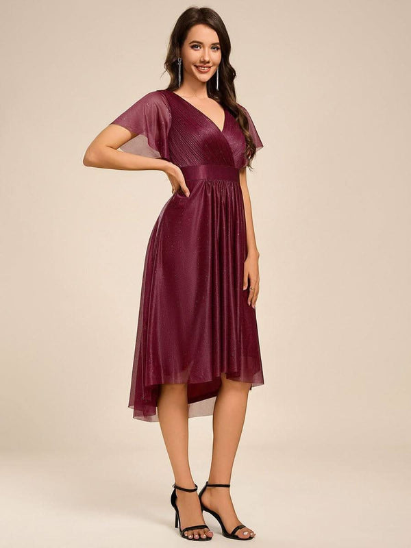 ever SOL|Short Sleeve V-Neck Pleated Glitter Midi Wedding Guest Dress