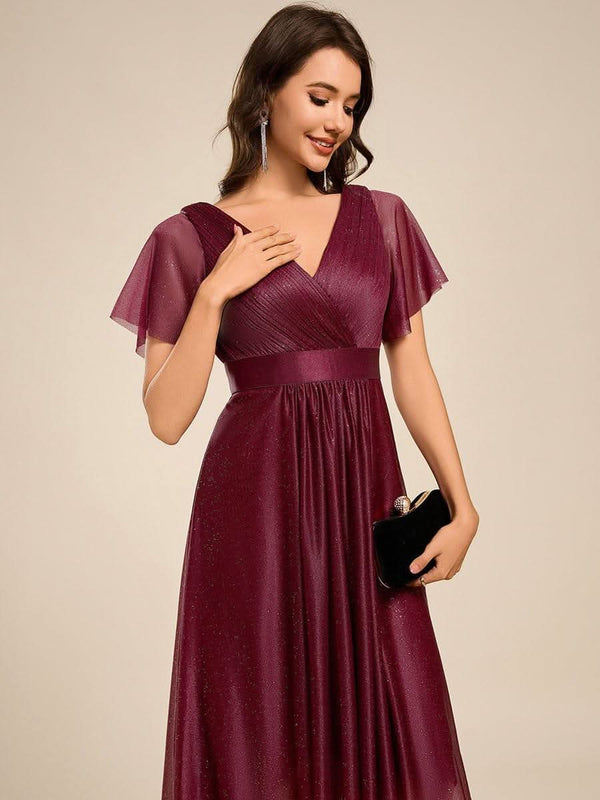 ever SOL|Short Sleeve V-Neck Pleated Glitter Midi Wedding Guest Dress