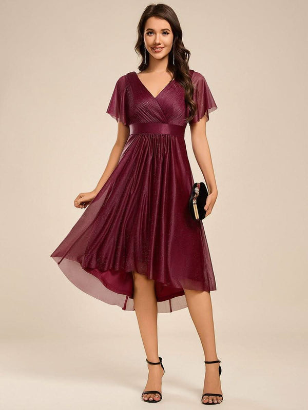 ever SOL|Short Sleeve V-Neck Pleated Glitter Midi Wedding Guest Dress
