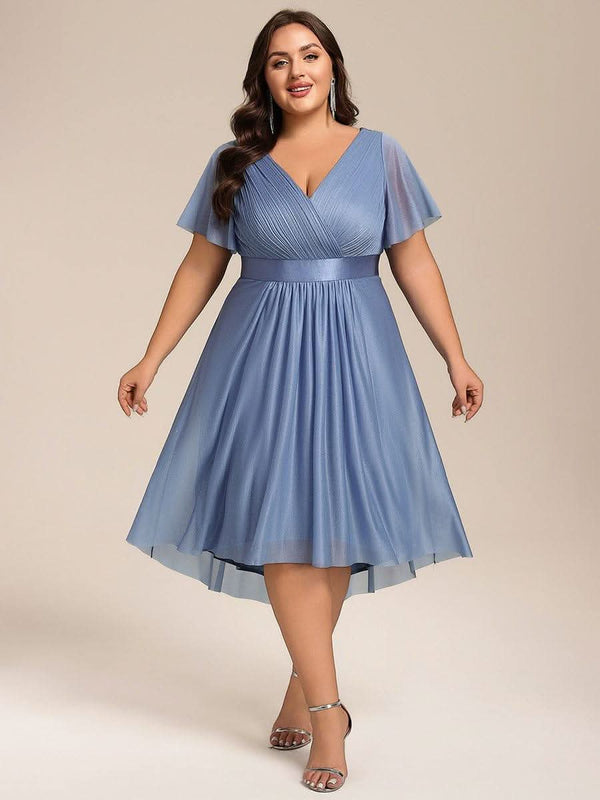 ever SOL|Short Sleeve V-Neck Pleated Glitter Midi Wedding Guest Dress
