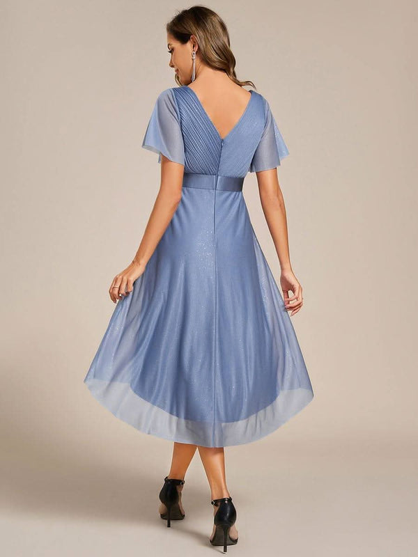 ever SOL|Short Sleeve V-Neck Pleated Glitter Midi Wedding Guest Dress